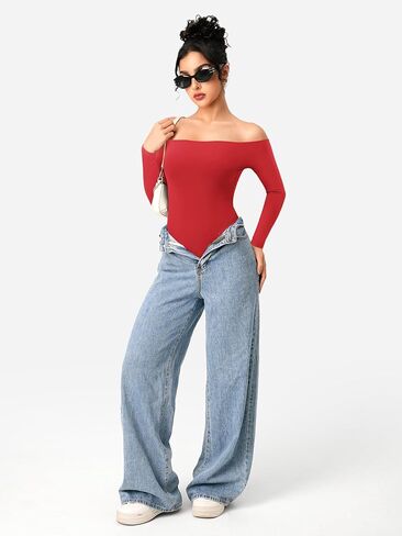 YEOREO Dacrly Strapless Bodysuit Long Sleeve Off Shoulder Leotard Double Lined Thong Bodycon Slim Fit Sexy Y2K Going Out Tops in Saudi Arabia