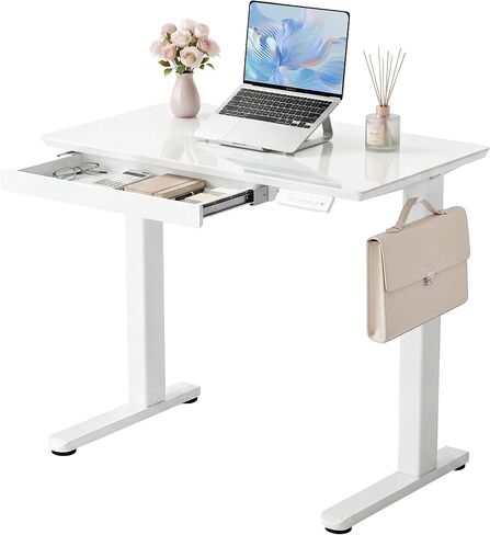 YDN Glass Standing Desk with Drawer, 32 x 19 Inches Electric Adjustable Height Desk, Sit Stand Home Office Desk with Tempered Glass Top, 4 Memory Presets Ergonomic Computer Desk, Super White in Kuwait