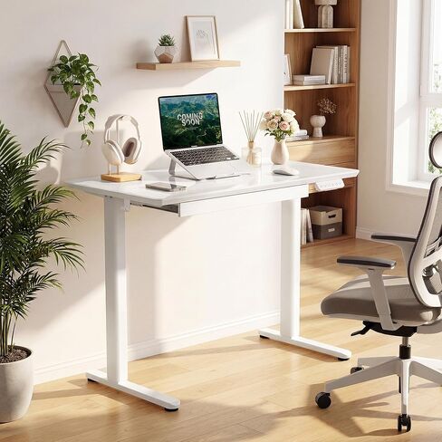 YDN Glass Standing Desk with Drawer, 32 x 19 Inches Electric Adjustable Height Desk, Sit Stand Home Office Desk with Tempered Glass Top, 4 Memory Presets Ergonomic Computer Desk, Super White in Kuwait