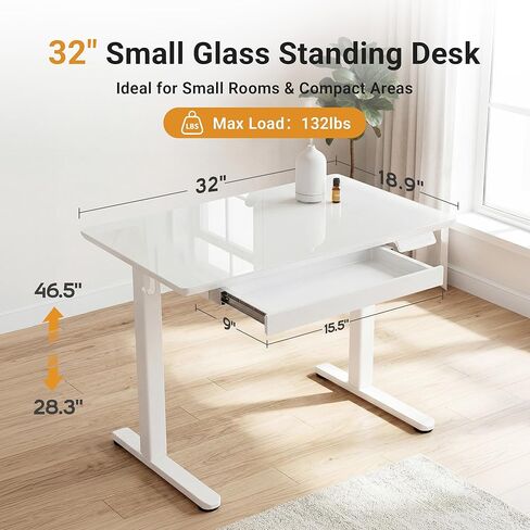 YDN Glass Standing Desk with Drawer, 32 x 19 Inches Electric Adjustable Height Desk, Sit Stand Home Office Desk with Tempered Glass Top, 4 Memory Presets Ergonomic Computer Desk, Super White in Kuwait