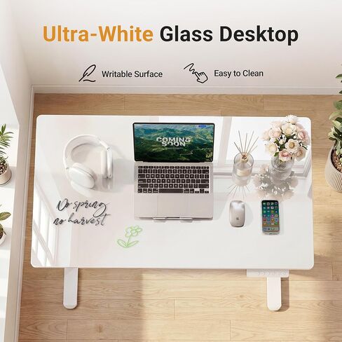 YDN Glass Standing Desk with Drawer, 32 x 19 Inches Electric Adjustable Height Desk, Sit Stand Home Office Desk with Tempered Glass Top, 4 Memory Presets Ergonomic Computer Desk, Super White in Kuwait
