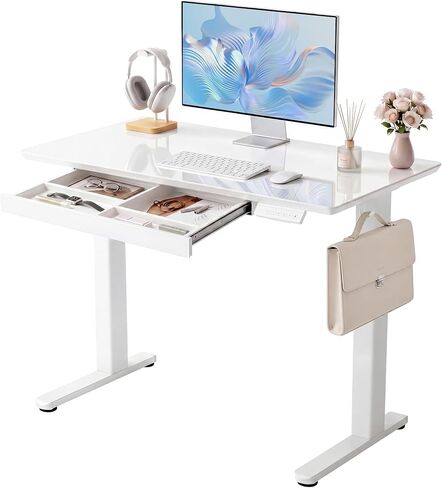 YDN Glass Standing Desk with Drawer, 32 x 19 Inches Electric Adjustable Height Desk, Sit Stand Home Office Desk with Tempered Glass Top, 4 Memory Presets Ergonomic Computer Desk, Super White in Kuwait