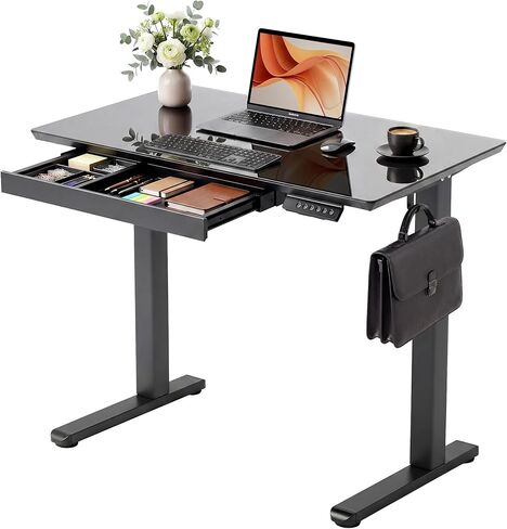 YDN Glass Standing Desk with Drawer, 32 x 19 Inches Electric Adjustable Height Desk, Sit Stand Home Office Desk with Tempered Glass Top, 4 Memory Presets Ergonomic Computer Desk, Super White in Kuwait