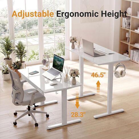 YDN Glass Standing Desk with Drawer, 32 x 19 Inches Electric Adjustable Height Desk, Sit Stand Home Office Desk with Tempered Glass Top, 4 Memory Presets Ergonomic Computer Desk, Super White in Kuwait