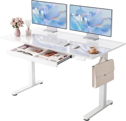 YDN Glass Standing Desk with Drawer, 32 x 19 Inches Electric Adjustable Height Desk, Sit Stand Home Office Desk with Tempered Glass Top, 4 Memory Presets Ergonomic Computer Desk, Super White in Kuwait