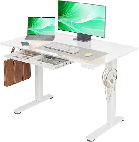 YDN Glass Standing Desk with Drawer, 32 x 19 Inches Electric Adjustable Height Desk, Sit Stand Home Office Desk with Tempered Glass Top, 4 Memory Presets Ergonomic Computer Desk, Super White in Kuwait