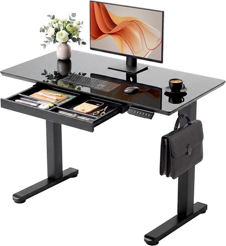 YDN Glass Standing Desk with Drawer, 32 x 19 Inches Electric Adjustable Height Desk, Sit Stand Home Office Desk with Tempered Glass Top, 4 Memory Presets Ergonomic Computer Desk, Super White in Kuwait