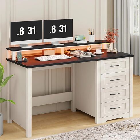 Vabches 47" Farmhouse Executive Desk with Monitor Stand and LED Lights,4 Drawers Computer Desk with Power Outlets,Large Workspace for Work Study Writing, (Black) in Kuwait
