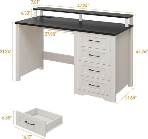 Vabches 47" Farmhouse Executive Desk with Monitor Stand and LED Lights,4 Drawers Computer Desk with Power Outlets,Large Workspace for Work Study Writing, (Black) in Kuwait