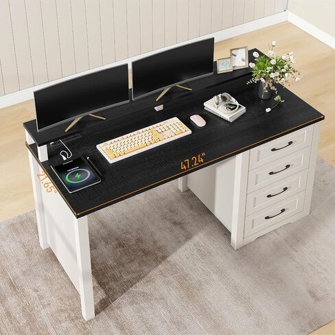 Vabches 47" Farmhouse Executive Desk with Monitor Stand and LED Lights,4 Drawers Computer Desk with Power Outlets,Large Workspace for Work Study Writing, (Black) in Kuwait