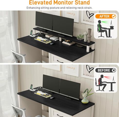 Vabches 47" Farmhouse Executive Desk with Monitor Stand and LED Lights,4 Drawers Computer Desk with Power Outlets,Large Workspace for Work Study Writing, (Black) in Kuwait