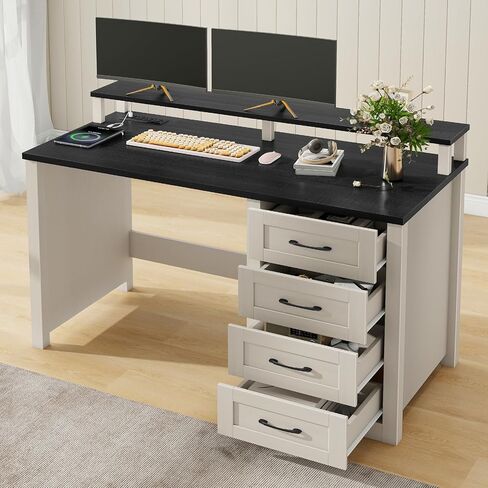 Vabches 47" Farmhouse Executive Desk with Monitor Stand and LED Lights,4 Drawers Computer Desk with Power Outlets,Large Workspace for Work Study Writing, (Black) in Kuwait