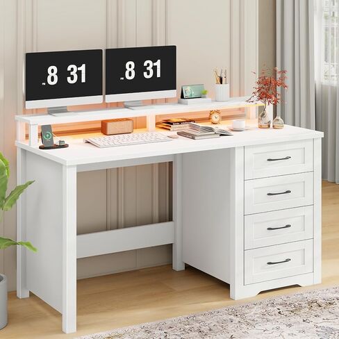 Vabches 47" Farmhouse Executive Desk with Monitor Stand and LED Lights,4 Drawers Computer Desk with Power Outlets,Large Workspace for Work Study Writing, (Black) in Kuwait