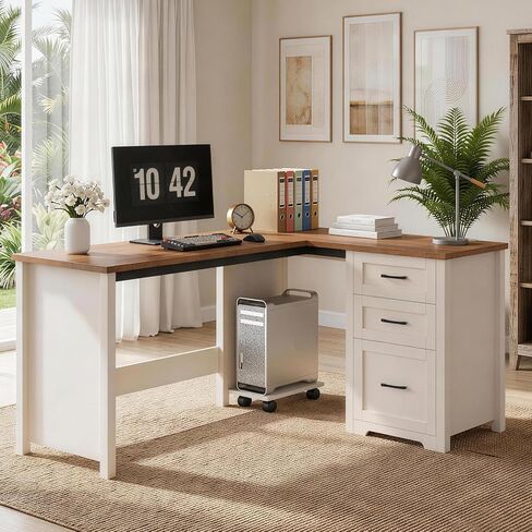 Vabches 47" Farmhouse Executive Desk with Monitor Stand and LED Lights,4 Drawers Computer Desk with Power Outlets,Large Workspace for Work Study Writing, (Black) in Kuwait