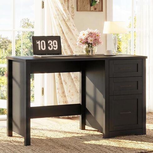 Vabches 47" Farmhouse Executive Desk with Monitor Stand and LED Lights,4 Drawers Computer Desk with Power Outlets,Large Workspace for Work Study Writing, (Black) in Kuwait