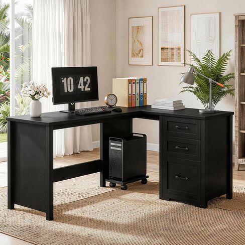 Vabches 47" Farmhouse Executive Desk with Monitor Stand and LED Lights,4 Drawers Computer Desk with Power Outlets,Large Workspace for Work Study Writing, (Black) in Kuwait