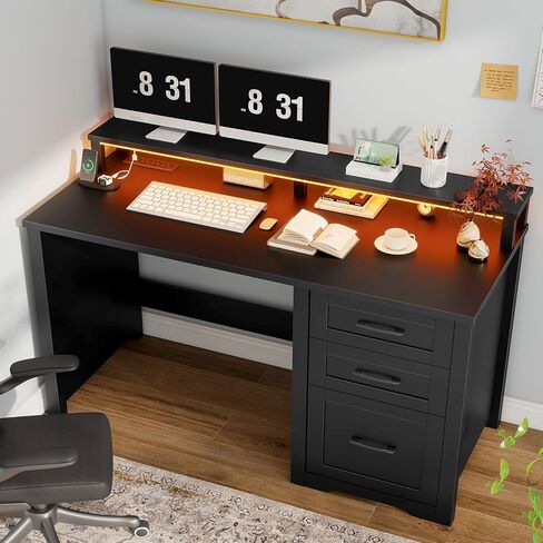 Vabches 47" Farmhouse Executive Desk with Monitor Stand and LED Lights,4 Drawers Computer Desk with Power Outlets,Large Workspace for Work Study Writing, (Black) in Kuwait