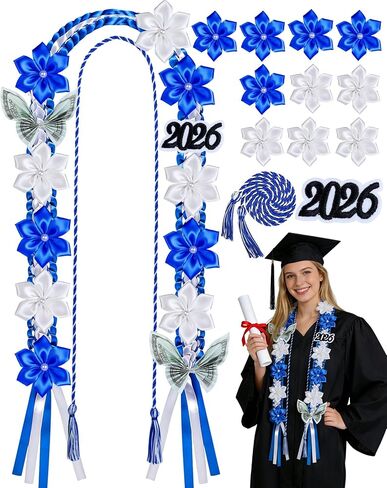 13 Pcs Graduation Lei 2026 – 50 Inch Double Braided Ribbon Money Lei Graduation Decoration Class of 2026 for Him Her High School College Grad Gift Party Supplies(Blue White) in Saudi Arabia