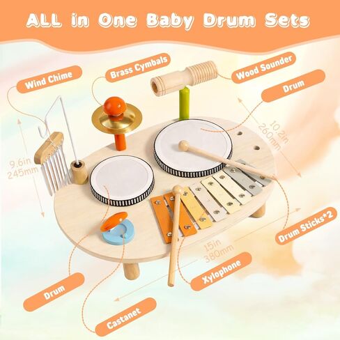 Baby Drum Set for Toddlers 1-3, Wooden Baby Musical Instruments,Montessori Toys for 1 Year Old with Baby Musical Instruments with Bongo Drums, Cymbals, Maracas...Perfect First Birthday Gift for Kids in Saudi Arabia