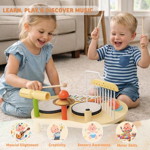Baby Drum Set for Toddlers 1-3, Wooden Baby Musical Instruments,Montessori Toys for 1 Year Old with Baby Musical Instruments with Bongo Drums, Cymbals, Maracas...Perfect First Birthday Gift for Kids in Saudi Arabia
