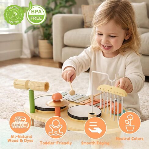 Baby Drum Set for Toddlers 1-3, Wooden Baby Musical Instruments,Montessori Toys for 1 Year Old with Baby Musical Instruments with Bongo Drums, Cymbals, Maracas...Perfect First Birthday Gift for Kids in Saudi Arabia