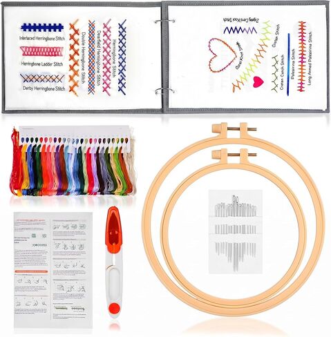 TEHAUX Embroidery Stitch Book Kit for Beginners, Loose-Leaf Beginner Embroidery Kit Includes Step-by-Step Instructions, Hoops, Threads, Needles & Fabric, Crafts Gift for Adults DIY Craft Lovers in Saudi Arabia