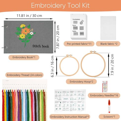 TEHAUX Embroidery Stitch Book Kit for Beginners, Loose-Leaf Beginner Embroidery Kit Includes Step-by-Step Instructions, Hoops, Threads, Needles & Fabric, Crafts Gift for Adults DIY Craft Lovers in Saudi Arabia