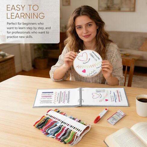 TEHAUX Embroidery Stitch Book Kit for Beginners, Loose-Leaf Beginner Embroidery Kit Includes Step-by-Step Instructions, Hoops, Threads, Needles & Fabric, Crafts Gift for Adults DIY Craft Lovers in Saudi Arabia
