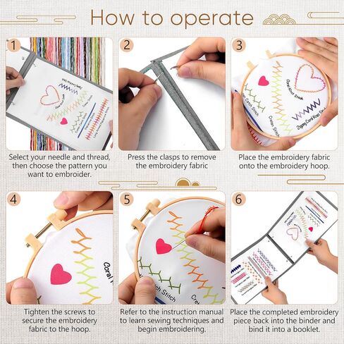TEHAUX Embroidery Stitch Book Kit for Beginners, Loose-Leaf Beginner Embroidery Kit Includes Step-by-Step Instructions, Hoops, Threads, Needles & Fabric, Crafts Gift for Adults DIY Craft Lovers in Saudi Arabia