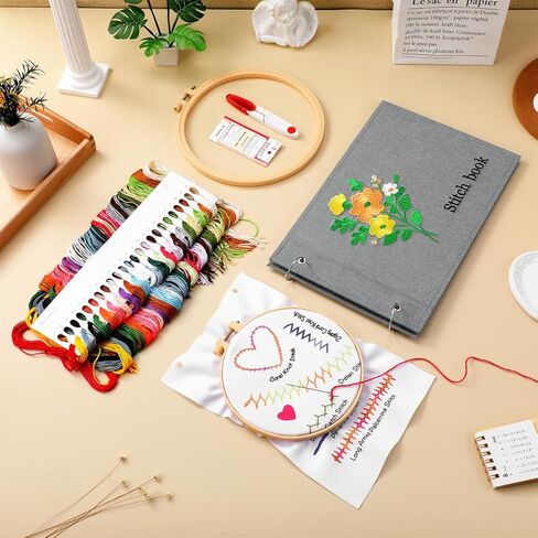 TEHAUX Embroidery Stitch Book Kit for Beginners, Loose-Leaf Beginner Embroidery Kit Includes Step-by-Step Instructions, Hoops, Threads, Needles & Fabric, Crafts Gift for Adults DIY Craft Lovers in Saudi Arabia