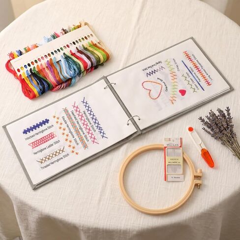 TEHAUX Embroidery Stitch Book Kit for Beginners, Loose-Leaf Beginner Embroidery Kit Includes Step-by-Step Instructions, Hoops, Threads, Needles & Fabric, Crafts Gift for Adults DIY Craft Lovers in Saudi Arabia