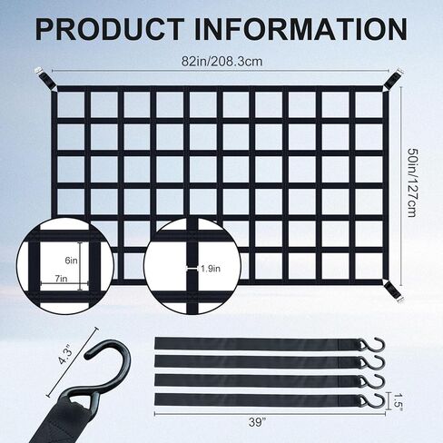 Cargo Net for Pickup Truck Bed, 82" x 50" Heavy Duty 1100LBS Capacity, Adjustable Cam Buckles & S-Hooks, Thick Herringbone Nylon Mesh with Drawstring Storage Bag for Trailers and Trucks in Saudi Arabia