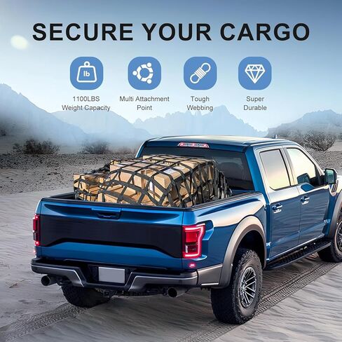 Cargo Net for Pickup Truck Bed, 82" x 50" Heavy Duty 1100LBS Capacity, Adjustable Cam Buckles & S-Hooks, Thick Herringbone Nylon Mesh with Drawstring Storage Bag for Trailers and Trucks in Saudi Arabia