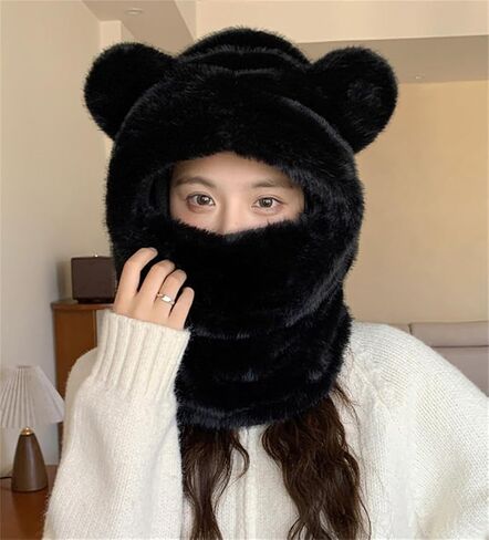 Bear Ski Cap for Women Fuzzy Faux Fur Cute Animal Balaclava Hat with Face Mask Thick Warm Hooded Cold Weather Hat Outdoor in Saudi Arabia