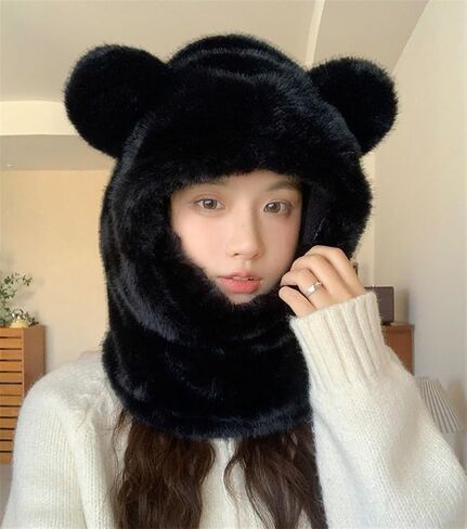 Bear Ski Cap for Women Fuzzy Faux Fur Cute Animal Balaclava Hat with Face Mask Thick Warm Hooded Cold Weather Hat Outdoor in Saudi Arabia