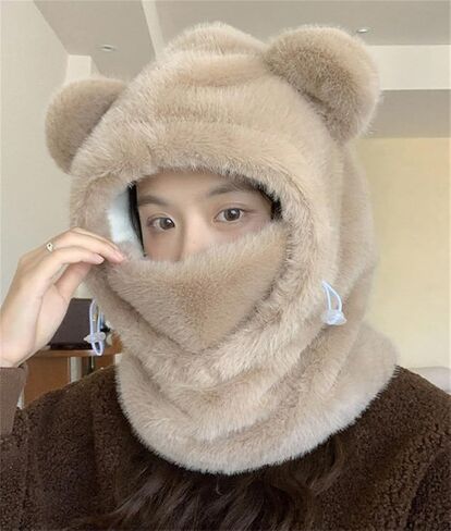 Bear Ski Cap for Women Fuzzy Faux Fur Cute Animal Balaclava Hat with Face Mask Thick Warm Hooded Cold Weather Hat Outdoor in Saudi Arabia