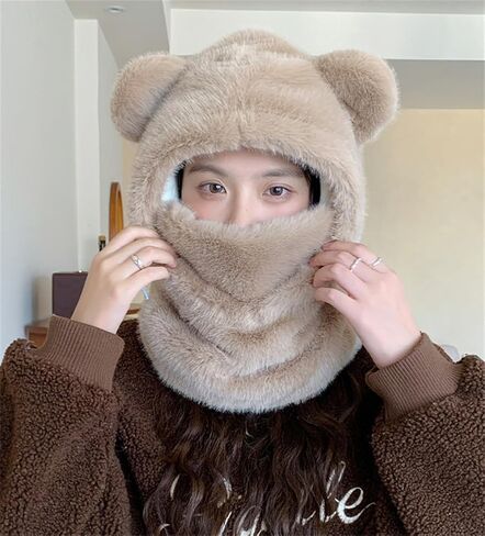 Bear Ski Cap for Women Fuzzy Faux Fur Cute Animal Balaclava Hat with Face Mask Thick Warm Hooded Cold Weather Hat Outdoor in Saudi Arabia