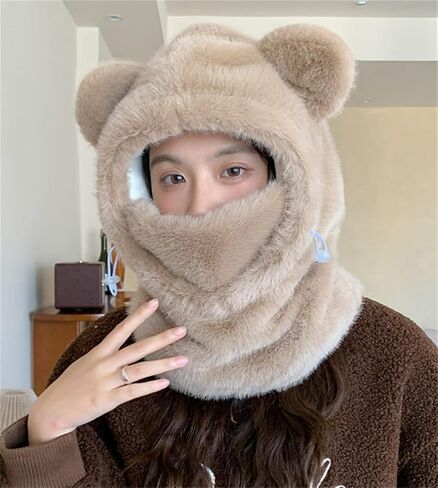 Bear Ski Cap for Women Fuzzy Faux Fur Cute Animal Balaclava Hat with Face Mask Thick Warm Hooded Cold Weather Hat Outdoor in Saudi Arabia