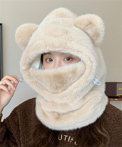 Bear Ski Cap for Women Fuzzy Faux Fur Cute Animal Balaclava Hat with Face Mask Thick Warm Hooded Cold Weather Hat Outdoor in Saudi Arabia