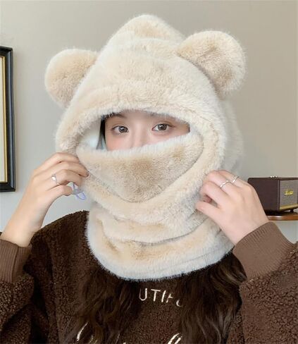 Bear Ski Cap for Women Fuzzy Faux Fur Cute Animal Balaclava Hat with Face Mask Thick Warm Hooded Cold Weather Hat Outdoor in Saudi Arabia