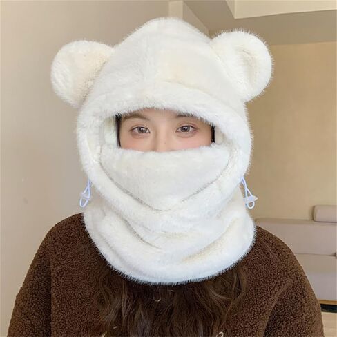 Bear Ski Cap for Women Fuzzy Faux Fur Cute Animal Balaclava Hat with Face Mask Thick Warm Hooded Cold Weather Hat Outdoor in Saudi Arabia