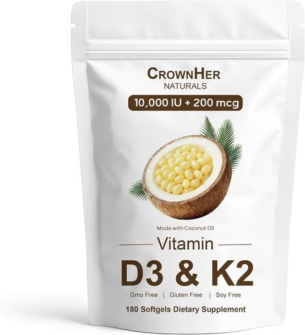 CrownHer Naturals D3 K2, Crown Her Naturals D3 K2 Vitamin 10000 IU+ K2 200 mcg MK-7, Coconut Oil, Extra Strength, Bone & Immune Support, 180 Softgels in Saudi Arabia