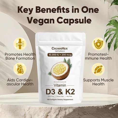 CrownHer Naturals D3 K2, Crown Her Naturals D3 K2 Vitamin 10000 IU+ K2 200 mcg MK-7, Coconut Oil, Extra Strength, Bone & Immune Support, 180 Softgels in Saudi Arabia