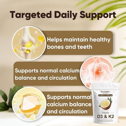 CrownHer Naturals D3 K2, Crown Her Naturals D3 K2 Vitamin 10000 IU+ K2 200 mcg MK-7, Coconut Oil, Extra Strength, Bone & Immune Support, 180 Softgels in Saudi Arabia
