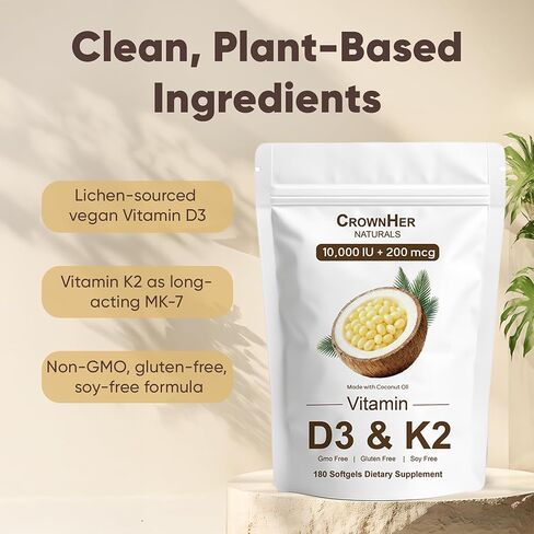 CrownHer Naturals D3 K2, Crown Her Naturals D3 K2 Vitamin 10000 IU+ K2 200 mcg MK-7, Coconut Oil, Extra Strength, Bone & Immune Support, 180 Softgels in Saudi Arabia
