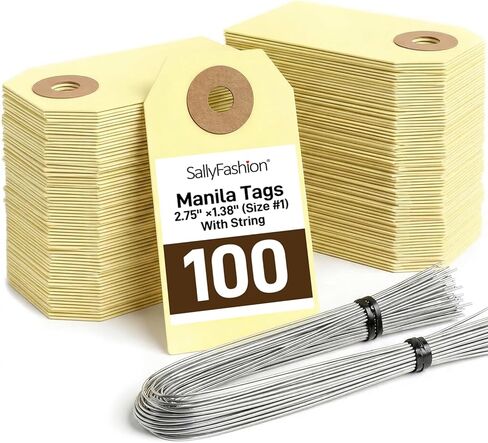 100 عبوة من بطاقات شحن مانيلا مع سلك من SallyFashion، 2 3/4 بوصة × 1 3/8 بوصة، بطاقات جرد شديدة التحمل مع فتحة معززة، ملصقات تعليق ورقية فارغة للبيع بالتجزئة وبيع المرآب وقطع الغيار in Kuwait