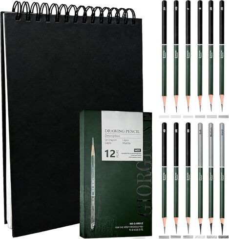 Sketchbook and Pencil Set - Spiral Bound Hardcover with 60 Sheets & 12 Charcoal Pencils (Hard/Medium/Soft) for Professional Artists and Beginners in Saudi Arabia