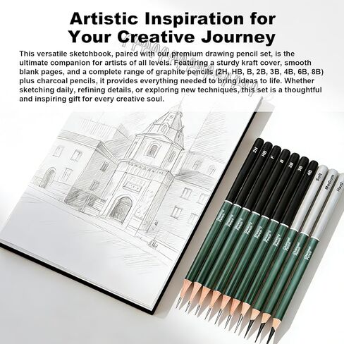 Sketchbook and Pencil Set - Spiral Bound Hardcover with 60 Sheets & 12 Charcoal Pencils (Hard/Medium/Soft) for Professional Artists and Beginners in Saudi Arabia