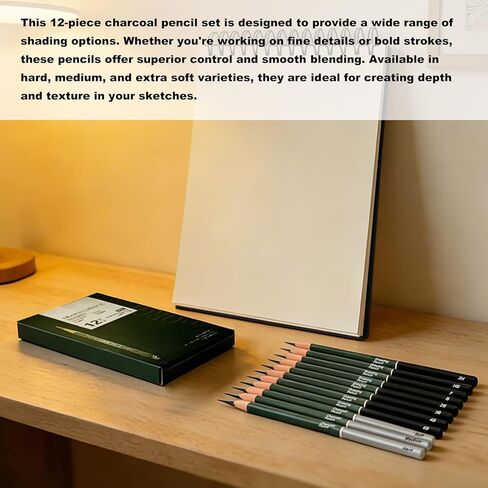 Sketchbook and Pencil Set - Spiral Bound Hardcover with 60 Sheets & 12 Charcoal Pencils (Hard/Medium/Soft) for Professional Artists and Beginners in Saudi Arabia