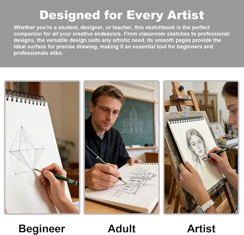 Sketchbook and Pencil Set - Spiral Bound Hardcover with 60 Sheets & 12 Charcoal Pencils (Hard/Medium/Soft) for Professional Artists and Beginners in Saudi Arabia